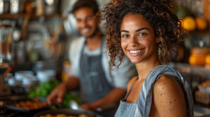 Fototapeta premium A joyful woman smiles at the camera while a man cooks in the background, showcasing a vibrant and inviting kitchen atmosphere