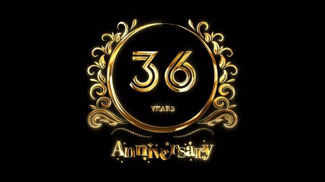 36th Anniversary Celebration. Happy 36 Years Anniversary Animation in Gold Color on the Transparent Background, Alpha Channel. Great for greetings, celebrations, events, and gifts.