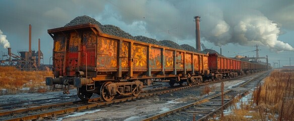 A train carrying loads of coal along industrial tracks highlights the exhaustive journey of this important energy resource from extraction to usage.