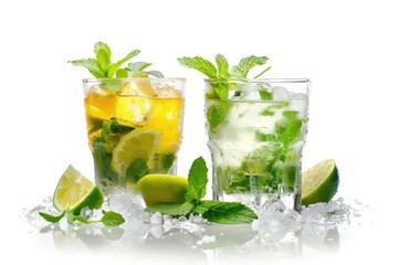 refreshing cocktail duo zesty caipirinha and minty mojito on pristine white background vibrant lime wedges crushed ice and aromatic herbs garnish the crystalclear glasses