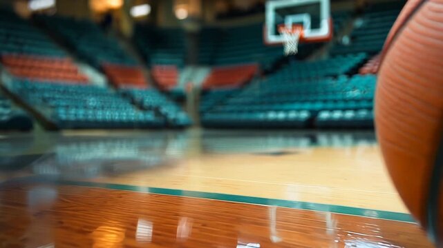 Basketball on court with empty stadium seats, sports arena atmosphere closeup