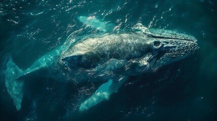 Fototapeta premium A humpback whale glides through the ocean, showcasing its massive form and unique markings beneath the sunlit water