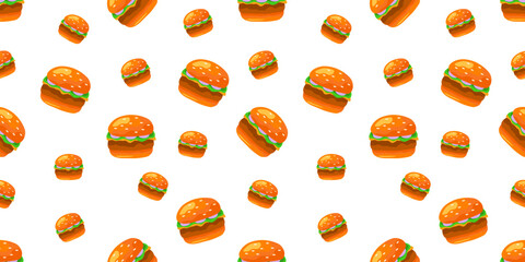 Burger Illustration Seamless Pattern. Fast Food Burger Seamless Pattern in Colorful Style. Vector Print For Fabric or Wallpaper.