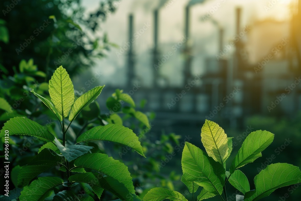 Canvas Prints a lush green field with a few trees and a power plant in the background