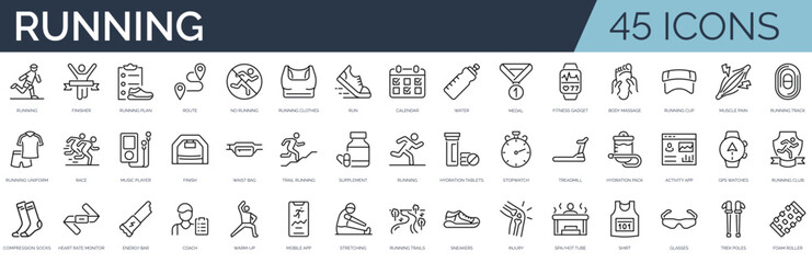 Set of 45 outline icons related to running.Linear icon collection. Editable stroke. Vector illustration