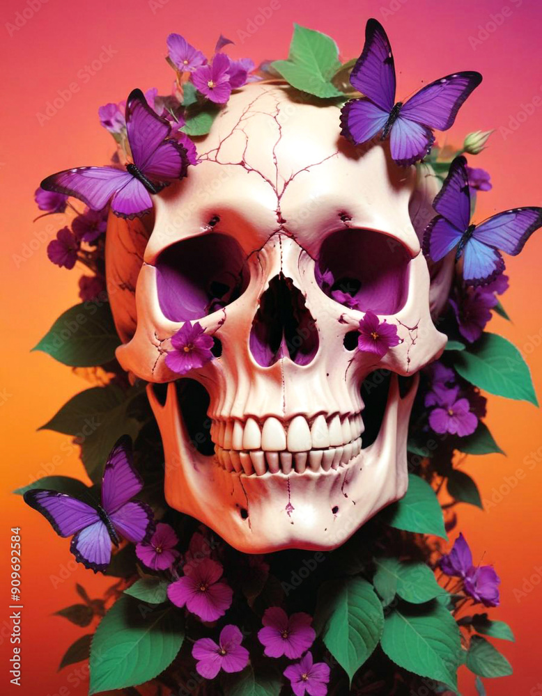 Wall mural A skull made entirely of vibrant flowers and leaves, with petals forming the contours of the face. Floral skull