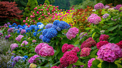 Hydrangea Bushes in a Summer Garden Hydrangea Bushes Background AI Generative