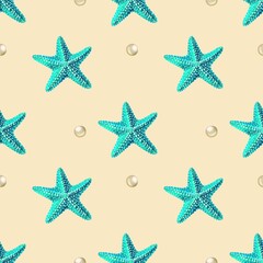 Seamless pattern with starfish and pearls. Illustration set isolated on beige background for banner, poster, print, postcard, textile, template, card