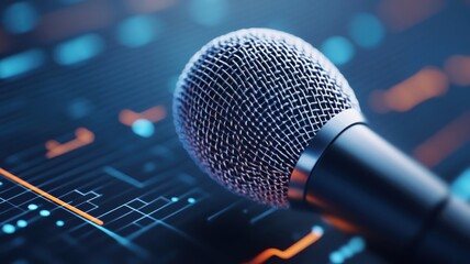 Close-up of microphone diaphragm rippling with colorful sound wave.