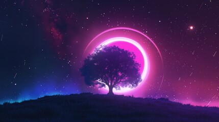 Fototapeta premium Neon Night Sky with a Silhouetted Tree