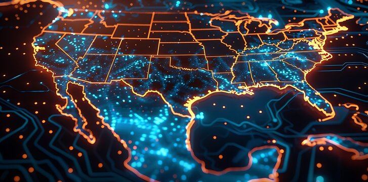 A digital map of the United States illuminated in vibrant blue and orange hues, showcasing connectivity and technological networks across the country.