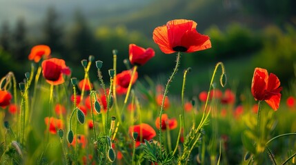 Poppies, with their vibrant red blooms dancing amidst fields of green, adding a bold splash of color to the spring landscape