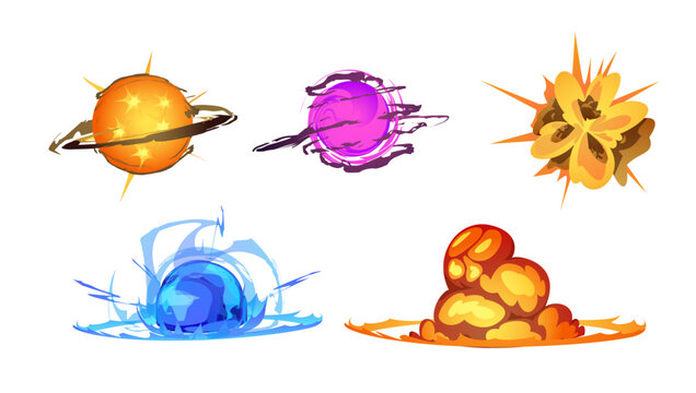 Blaster laser gun shot effects set, cartoon vector illustration isolated.