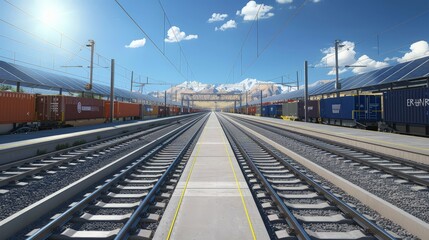 Fototapeta premium Rail yards with track electrification and renewable energy solutions reduce carbon footprints and support sustainable transportation initiatives.