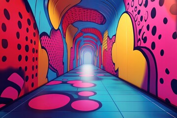 An energetic 3D animation background showcasing pop art influences with a retro twist. The scene is filled with dynamic shapes and vivid colors, reminiscent of classic comics and vintage advertising.