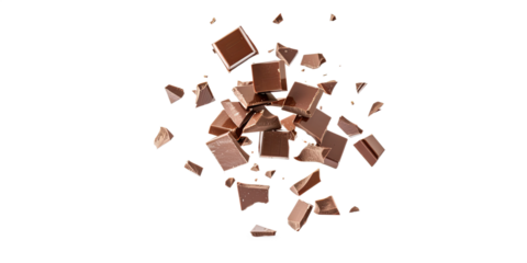 Pieces of milk chocolate in various sizes and shapes, falling and breaking apart mid-air. The chunks display a rich, glossy texture, highlighting the smoothness of the chocolate.