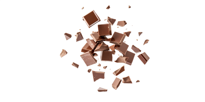 Pieces of milk chocolate in various sizes and shapes, falling and breaking apart mid-air. The chunks display a rich, glossy texture, highlighting the smoothness of the chocolate.