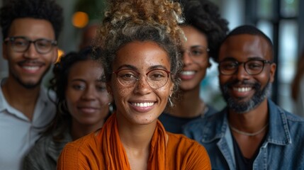 A diverse group of people of different ages and backgrounds smiling together in a bright