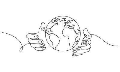 Earth Care Hands in one continuous line drawing. One line poster. Outline hands with planet Earth. Element for interior design and presentations. Vector illustration.
