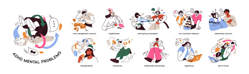 ADHD signs. Mental health problem, psychology concept set. Attention deficit and hyperactivity disorder. Disorganized restless inattentive people. Flat vector illustration isolated on white background