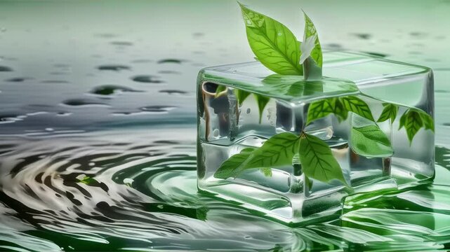 Square ice block encasing a green leaf with crystal-clear clarity