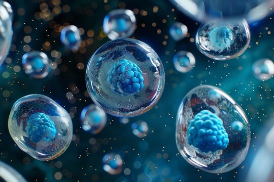 Microscopic view of human cell or embryonic stem cell for medical research and education Generative AI