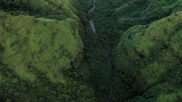 Teahupoo, Tahiti aerial drone view of the river in the valley of the mountains Orohena Aorai Ronui. French Polynesia. Paradise in Pacific Ocean. Moana Disney's inspiration Te Fiti. 2024 Paris Olympics