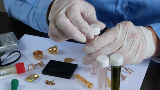 A pawn shop employee tests old gold jewelry using reagents and a touchstone, Buying old gold