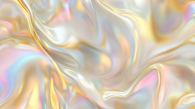 Angelic pattern trendy abstract ethereal heavenly glow iridescent ivory and gold foil texture. Soft holographic unicorn marble ripple background illustration pattern modern pearlescent blurry swirl