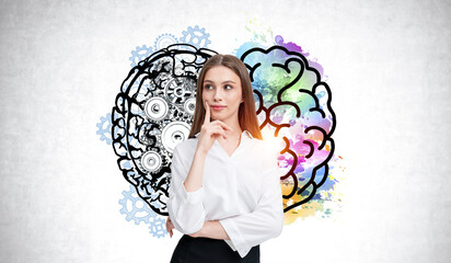 Thoughtful woman with brain illustration in the background.
