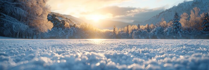 a realistic photo of closeup of a flat field covered with snow in mountains in winter,