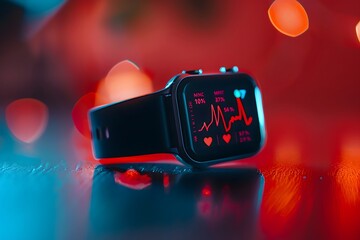 Closeup of fitness tracker displaying heart rate.