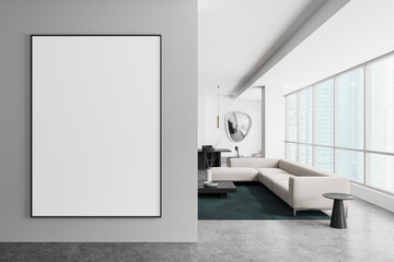 Home living room interior with sofa and eating table, window. Mockup frame