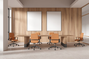 Empty office meeting room with blank posters on wooden wall. 3D Rendering