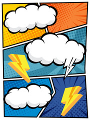 comic speech bubbles in white clouds on a vibrant pop art background Perfect for comic book designs