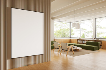 Beige lounge zone interior couch and armchairs near window, mockup frame