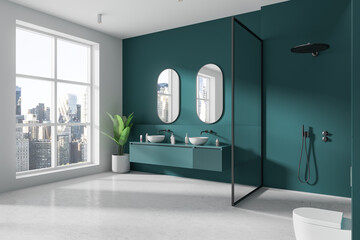 Colored home bathroom interior with double sink, toilet and shower