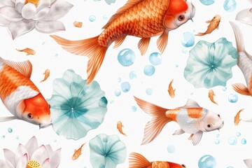 Obraz premium A seamless Chinese watercolor design featuring golden carp and lotus flowers