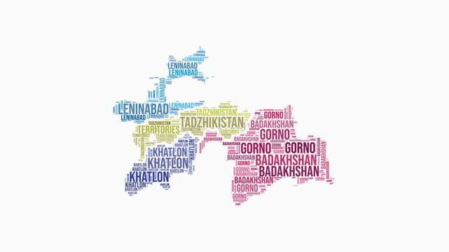 Tajikistan regions word cloud animation. Country logo animated video. Tajikistan colored text cloud. Regions typography style motion graphics. Vibrant video.