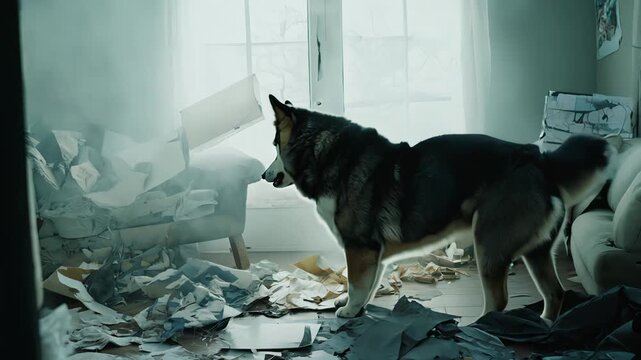 dog in a destroyed apartment. generative ai