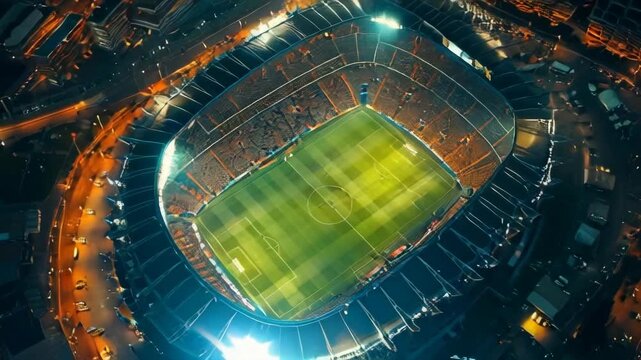 Aerial drone shot of a packed stadium during a soccer championship match, showcasing enthusiastic fans