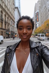 Fototapeta premium A black woman in a leather jacket stands on a city street, exuding urban style and confidence