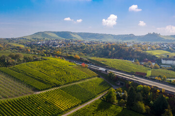 Scenic vineyards on the hills and the autobahn (highway) from Fellbach to Stuttgart. Autumn morning...