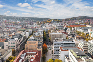 Beautiful aerial skyline cityscape of Stuttgart Mitte, Baden-württemberg, Germany. Autumn city...