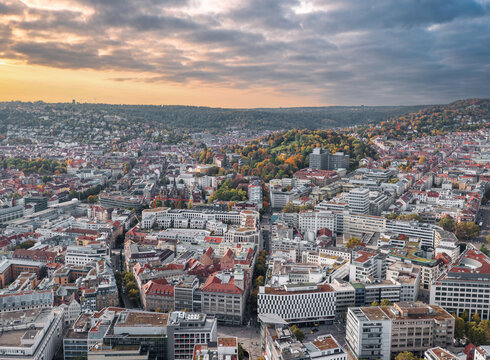 Beautiful autumn aerial skyline cityscape of Stuttgart Mitte, Baden-w&uuml;rttemberg, Germany at sunset.