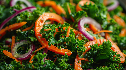 A detailed image of a fresh kale salad, featuring dark green kale leaves, thinly sliced red onions, and a sprinkle of shredded carrots, all tossed in a light vinaigrette. 