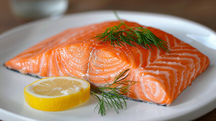 A UHD image of a fresh salmon fillet, rich in color and placed on a white plate, garnished with a lemon wedge and a sprig of dill. The salmon is perfectly cooked, with a moist, flaky texture.