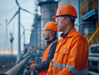 Two Construction Workers in Safety Gear Overlooking Industrial Site at Dusk