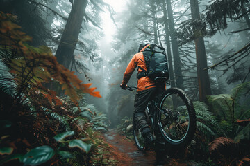 Naklejka premium Exploring Dense Forest Trails With a Mountain Bike at Dawn in Serene Wilderness
