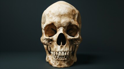 Fototapeta premium Human skull on black background. Human remains.